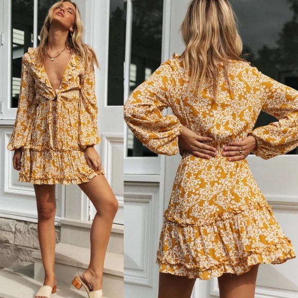 Ruffle Floral Long Sleeve Boho Gypsy Dress Yellow - Picture 3 of 14